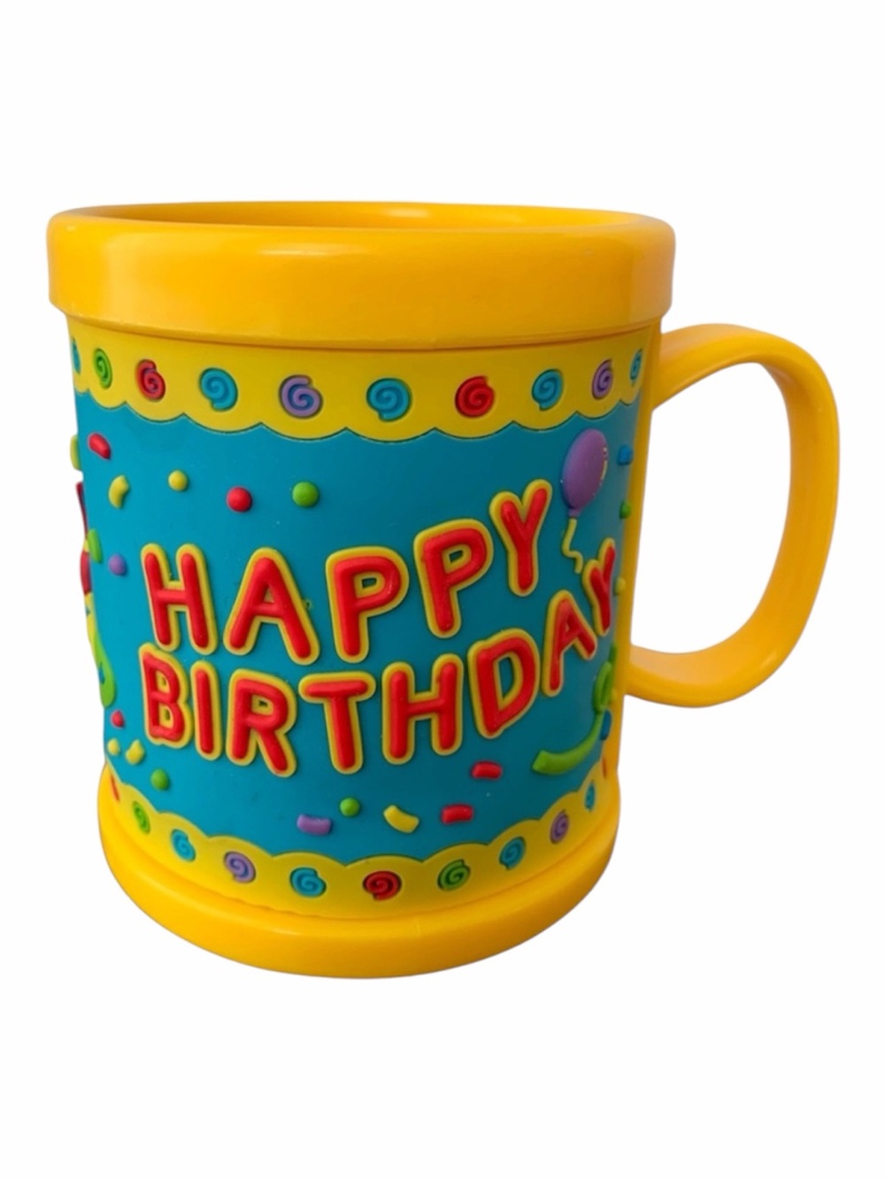 Vintage NWOT Happy 1st Birthday Plastic Mug Yellow Blue Kids Cup Unisex